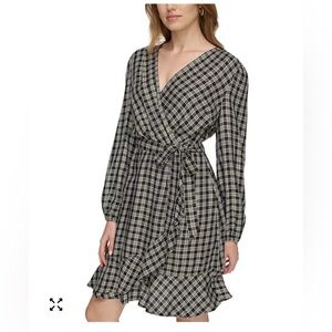 Tommy Hilfiger Women's Black Checker Ruffle Surplice Self-Tie Dress 16 Holiday